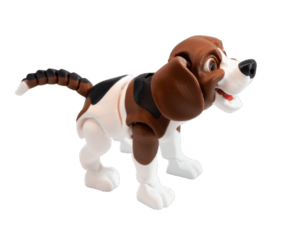 Fafik Beagle – piesek z druku 3D, biało-brązowa figurka flexi ukazana z boku, realistyczny wygląd.