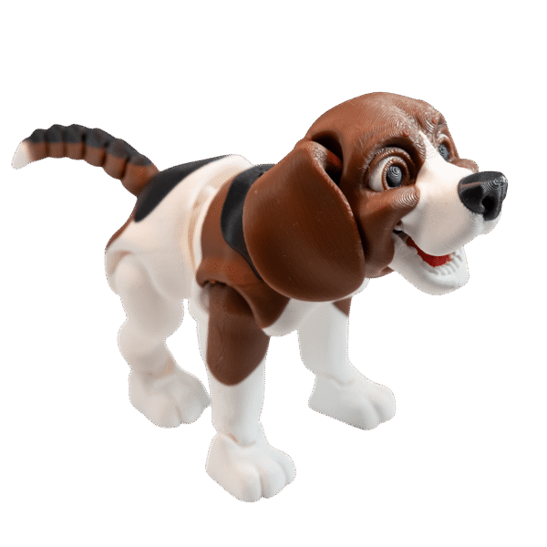 Fafik Beagle – piesek z druku 3D, biało-brązowa figurka flexi, widok od przodu w dynamicznej pozie.
