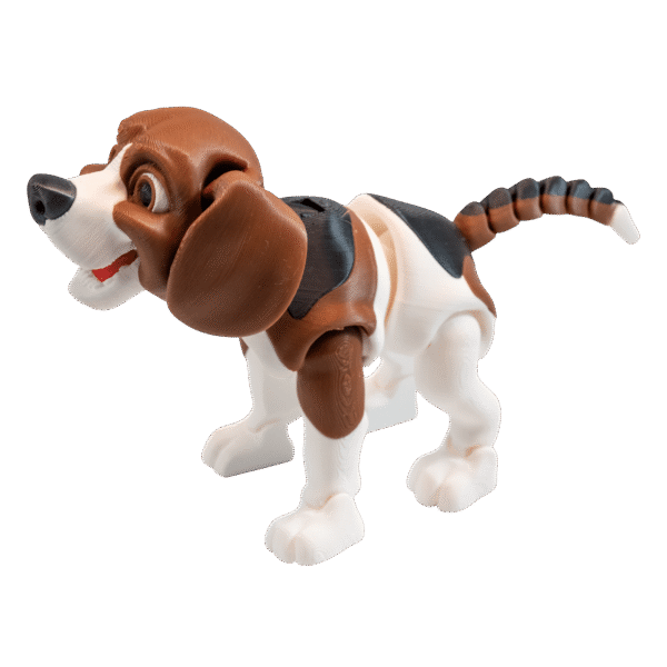 Fafik Beagle – piesek z druku 3D, biało-brązowa figurka flexi, widok od przodu z podkreślonym pyszczkiem.