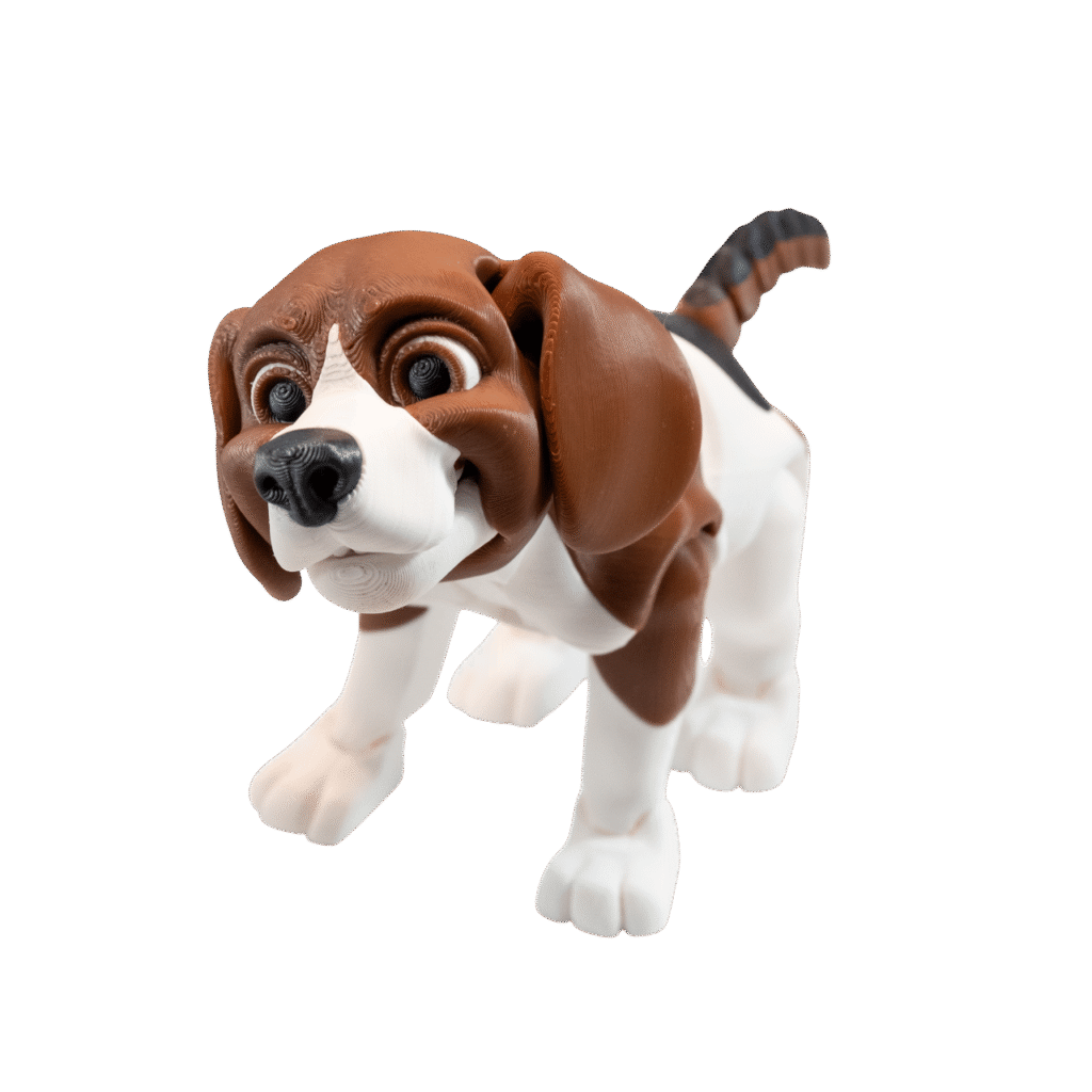 Fafik Beagle – piesek z druku 3D, biało-brązowa figurka flexi do zabawy i dekoracji, realistyczny wygląd.
