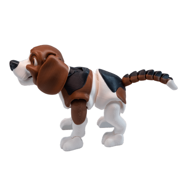 Fafik Beagle – piesek z druku 3D, figurka flexi w biało-brązowych barwach, widok z boku.
