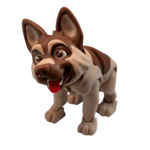 Figurka owczarek niemiecki z druku 3D, Reks w beżowo-brązowych barwach, elastyczny model psa idealny do kolekcji.