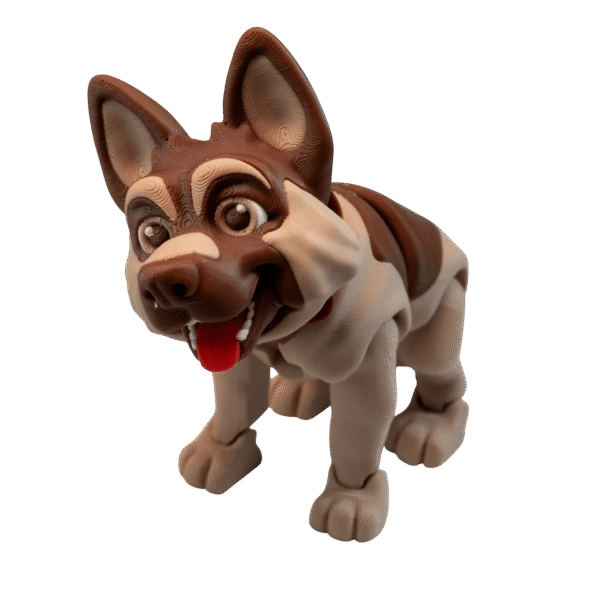 Figurka owczarek niemiecki z druku 3D, Reks w beżowo-brązowych barwach, elastyczny model psa idealny do kolekcji.