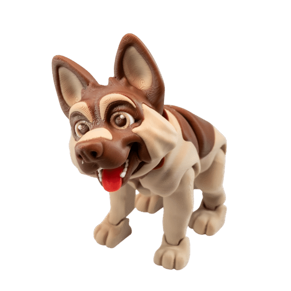 Figurka owczarek niemiecki z druku 3D, Reks w beżowo-brązowych barwach, dynamiczna poza z widocznym pyskiem.