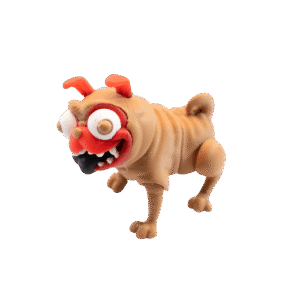 Brelok mops z druku 3D, figurka pieska pug w beżowych barwach z czerwonym akcentem, śmieszny brelok pies.
