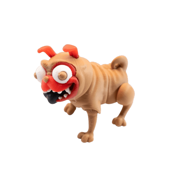 Brelok mops z druku 3D, figurka pieska pug w beżowych barwach z czerwonym akcentem, śmieszny brelok pies.