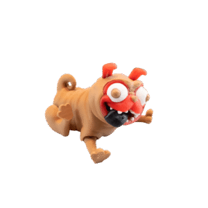 Brelok mops z druku 3D, beżowa figurka pieska pug z czerwonym akcentem, elastyczny śmieszny brelok pies.