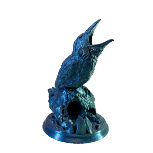 Krukczysław – wieża do kości kruk z druku 3D, figurka w zmiennych odcieniach niebiesko-zielonych z metalicznym połyskiem.