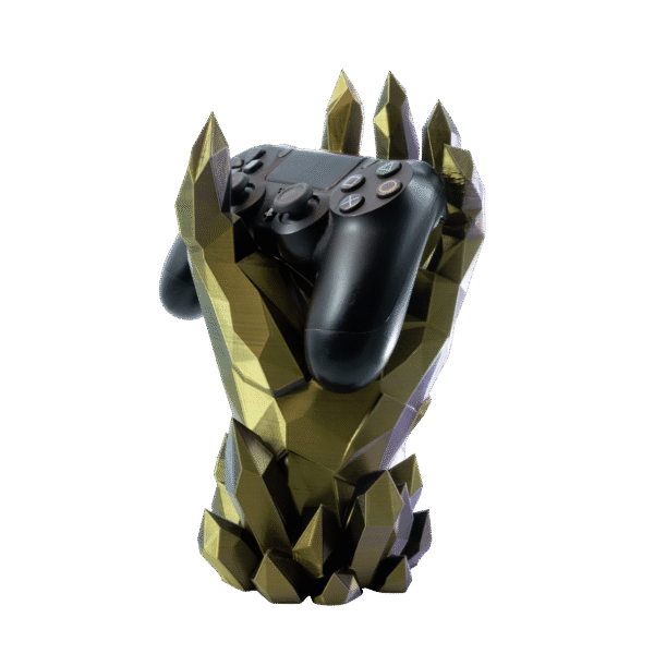 Krystal – uchwyt na pada z druku 3D w złoto-fioletowym kolorze, widok z przodu, kryształowa dłoń trzymająca kontroler.