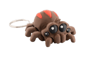 Brelok pająk z druku 3D z czarnymi oczami i czerwonymi akcentami, metalowe kółko do kluczy