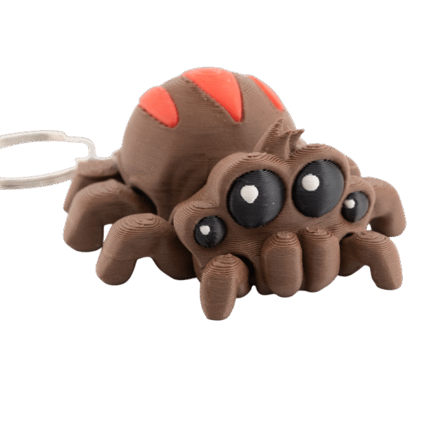 Brelok pająk z druku 3D z czarnymi oczami i czerwonymi akcentami, metalowe kółko do kluczy