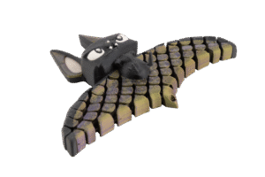 brelok nietoperz z druku 3d w kolorach czerni oraz przechodzącej fioletowo-złotej barwy na segmentowych skrzydłach, z dużymi białymi oczami i zwartą główką o wyrazistej, zabawnej mimice