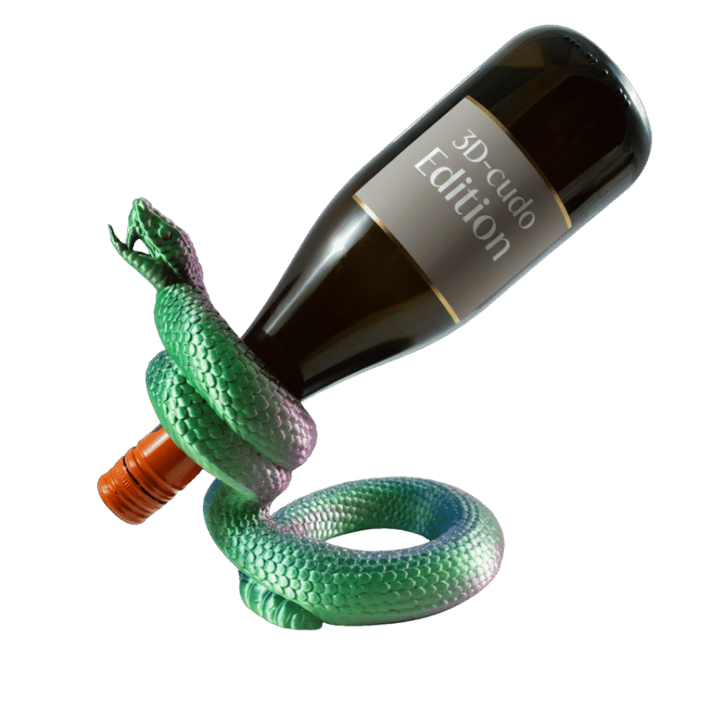 Viper – wąż stojak na butelki z druku 3D w zielono-fioletowych kolorach trzymający butelkę prosecco. Spiralna forma z otwartą paszczą u góry i szczegółowymi łuskami. Gradient kolorów zmieniający się od zielonego przez fiolet do różowego.