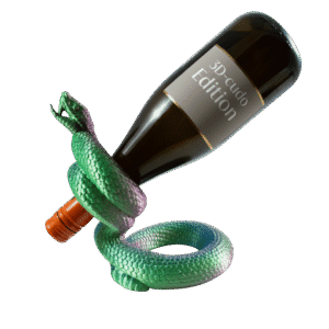 Viper – wąż stojak na butelki z druku 3D w zielono-fioletowych kolorach trzymający butelkę prosecco. Spiralna forma z otwartą paszczą u góry i szczegółowymi łuskami. Gradient kolorów zmieniający się od zielonego przez fiolet do różowego.