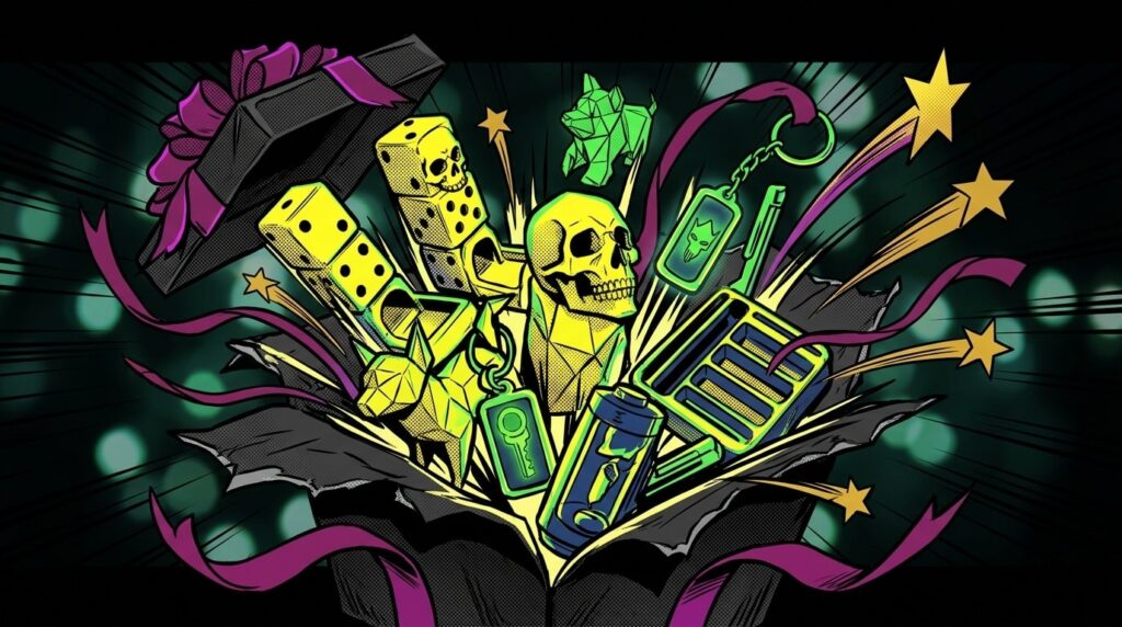 Najlepsze prezenty z druku 3D na święta — przewodnik, który prowadzi prosto do dobrego wyboru 2 Manga ilustracja eksplodujących prezentów świątecznych z drukami 3D