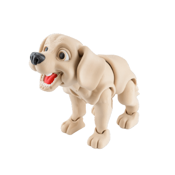 Blablador figurka labradora z druku 3D beżowa, otwarty pysk z językiem, czarny nos, ruchome kończyny