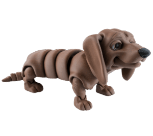 Dżamnig figurka jamnika z druku 3D brązowa, ruchomy segmentowany tułów, długie uszy, czarny nos