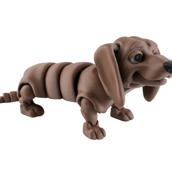 Dżamnig figurka jamnika z druku 3D brązowa, ruchomy segmentowany tułów, długie uszy, czarny nos