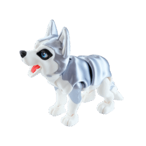 Hazgi figurka husky z druku 3D, srebrno-biała z niebieskimi oczami, czarny nos, ruchome elementy