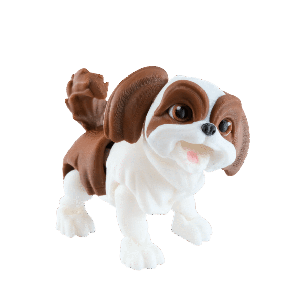 Figurka Shih tzu Lady z druku 3D, biało-brązowy piesek z otwartym pyszczkiem i widoczną teksturą warstw