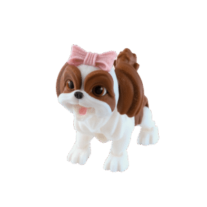 figurka Shih tzu z druku 3d o biało-brązowym umaszczeniu, z różową kokardą i otwartym pyszczkiem