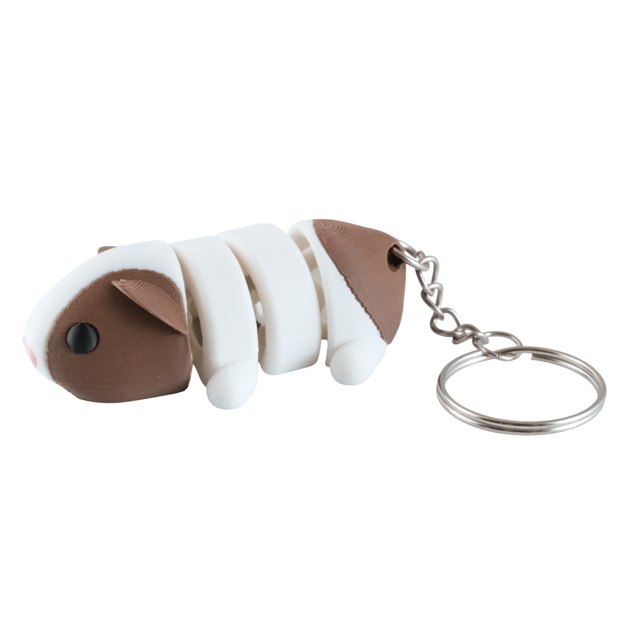 Malinka – miniz brelok świnka morska z druku 3d 2 Malinka miniz brelok świnka morska z druku 3d, biało-brązowa z ruchomymi segmentami, czarne oczy i metalowy łańcuszek