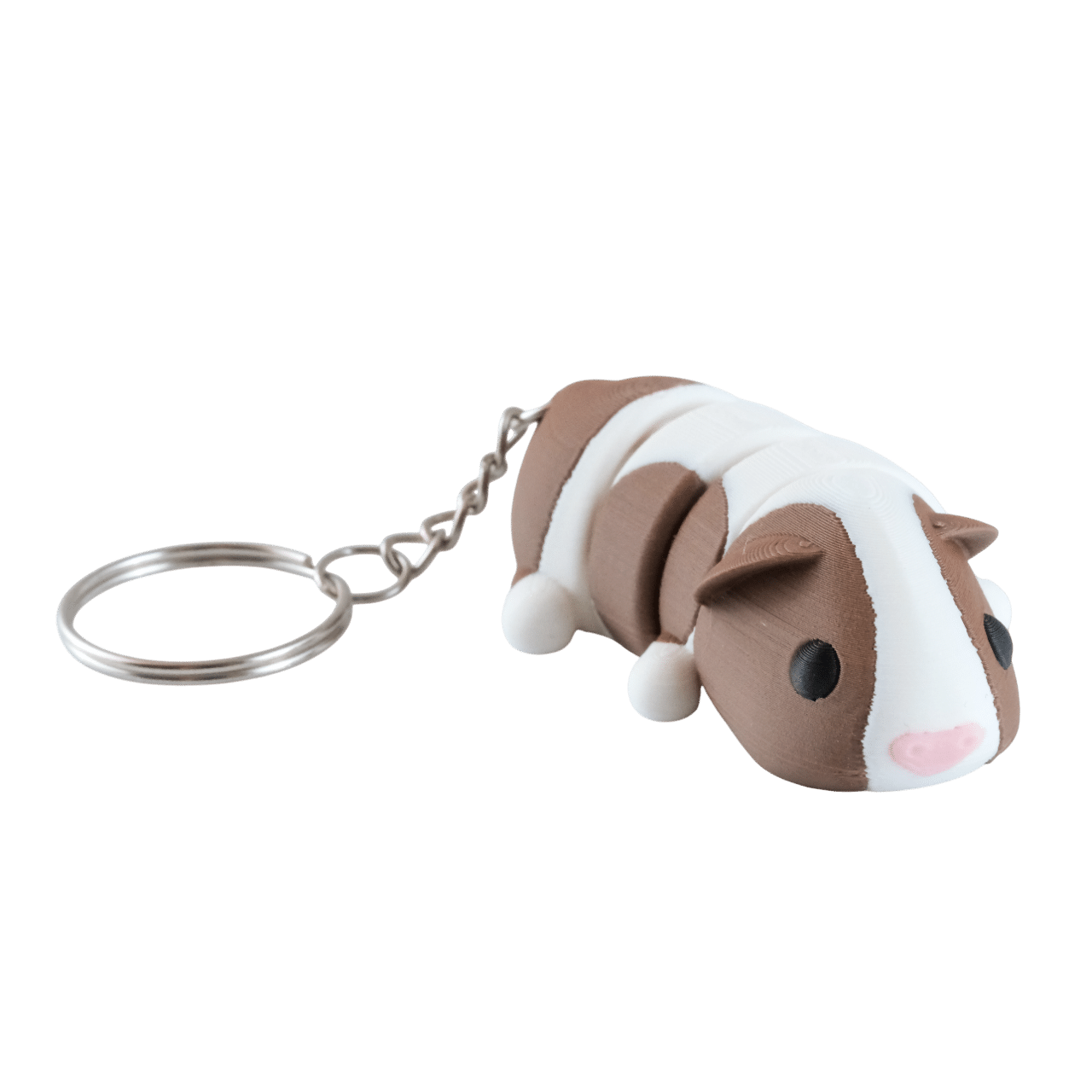 Malinka – miniz brelok świnka morska z druku 3d 6 Malinka miniz brelok świnka morska z druku 3d, brązowo-białe pasy, ruchomy tułów, czarne oczy i srebrny łańcuszek