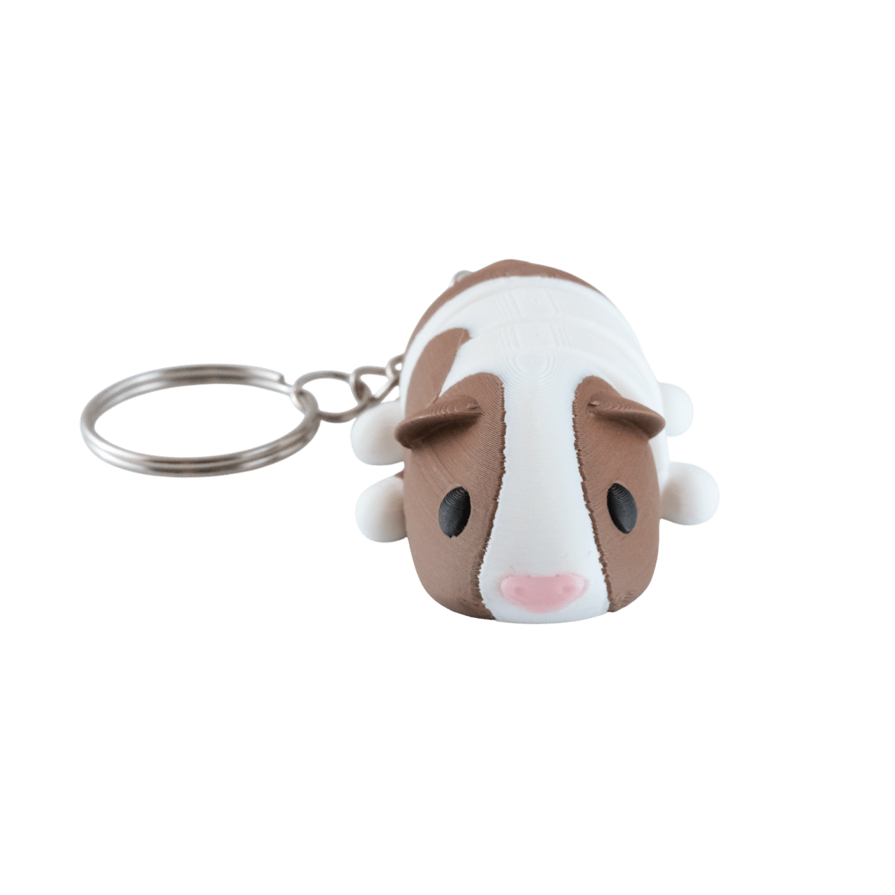 Malinka – miniz brelok świnka morska z druku 3d 7 Malinka miniz brelok świnka morska z druku 3d, biało-brązowa figurka z czarnymi oczami i metalowym kółkiem