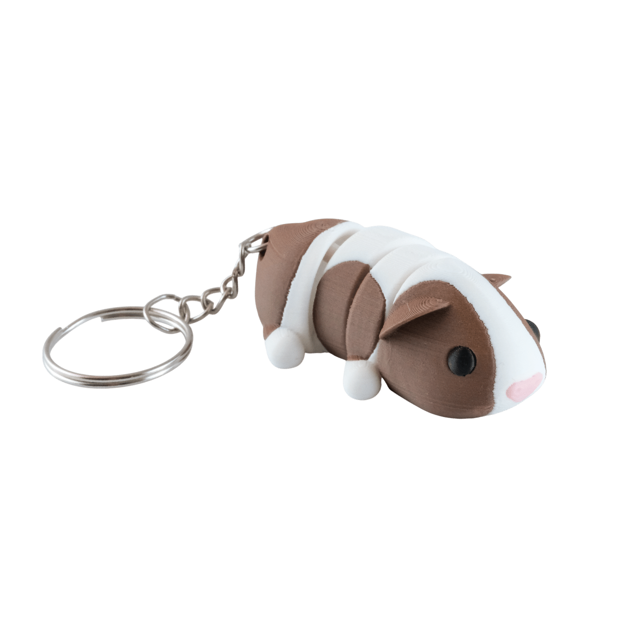Malinka – miniz brelok świnka morska z druku 3d 8 Malinka miniz brelok świnka morska z druku 3D, biało-brązowa, segmentowy tułów, czarne oczy