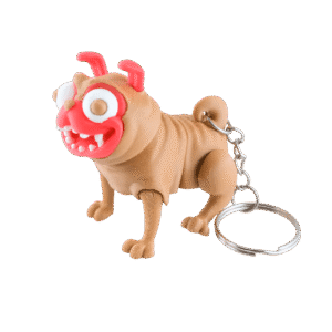 Pimpek uśmiechnięty brelok mops z druku 3D, beżowy z czerwoną twarzą i wielkimi oczami, metalowe kółko przy ogonie