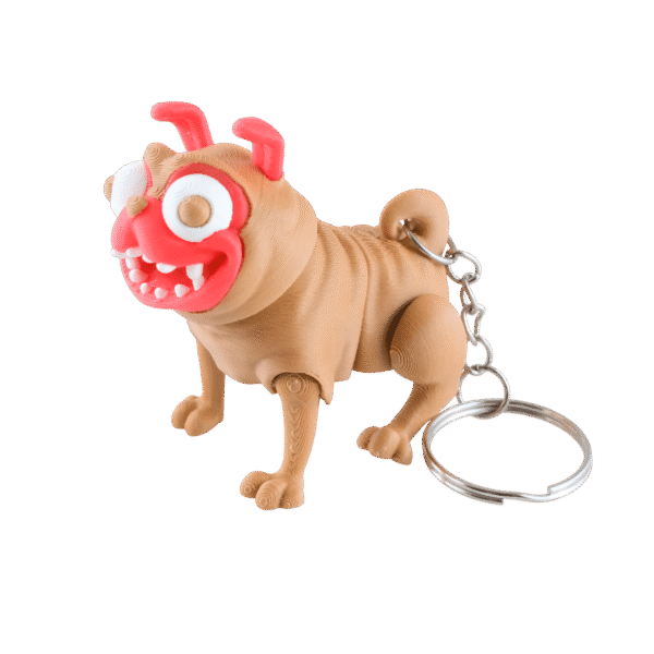 Pimpek uśmiechnięty brelok mops z druku 3D, beżowy z czerwoną twarzą i wielkimi oczami, metalowe kółko przy ogonie