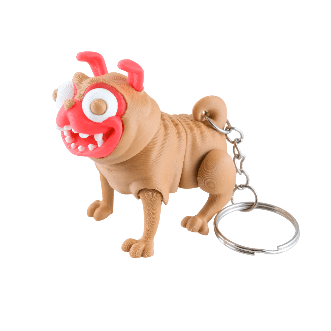 Pimpek uśmiechnięty brelok mops z druku 3D, beżowy z czerwoną twarzą i wielkimi oczami, metalowe kółko przy ogonie