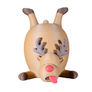 Rudi pojemnik na ciastka renifer z druku 3D, beżowy, leży na plecach z nogami w górze, czerwony nos, szare poroże.