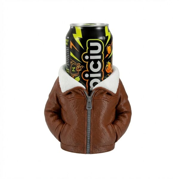 Pilotka ubranko na puszkę z druku 3D w formie brązowej kurtki z białym futrzanym kołnierzem