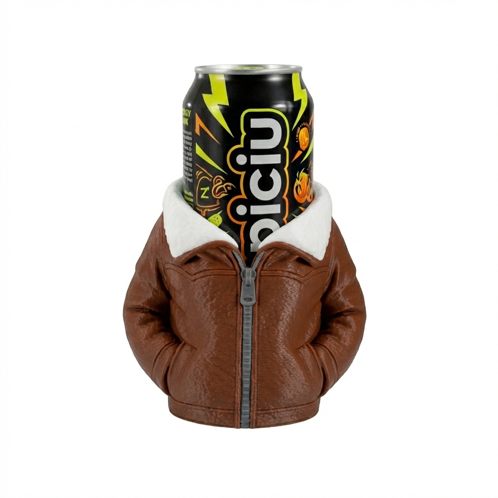 Pilotka ubranko na puszkę z druku 3D w formie brązowej kurtki z białym futrzanym kołnierzem