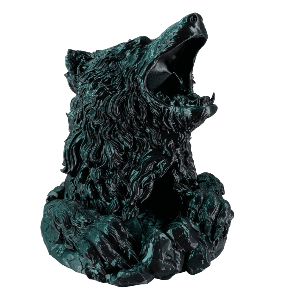 Wieża do kości wilk Wilkosław, ciemnozielony druk 3D, kształt wyjącego łba z otwartą paszczą i szczegółową fakturą sierści