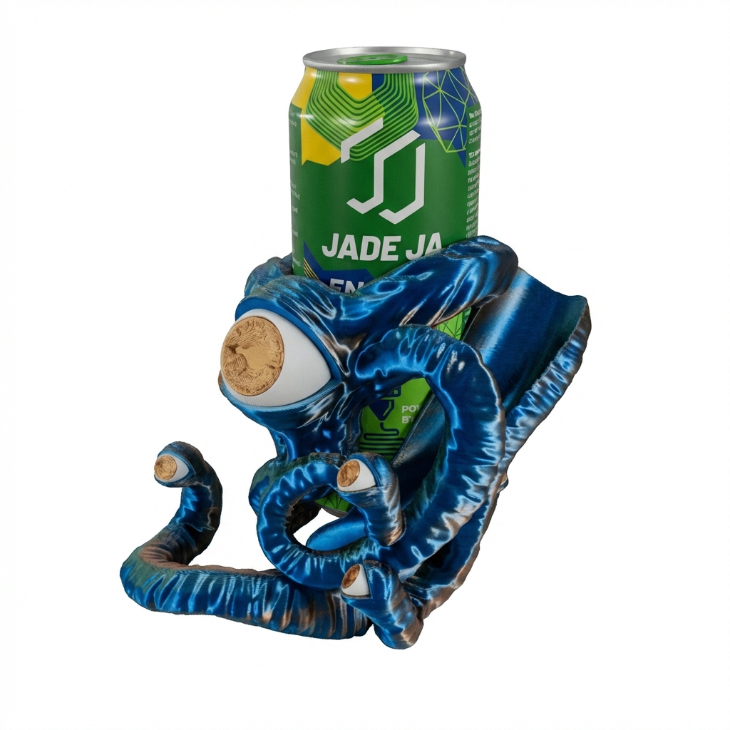 Gałkor wieża do kości z druku 3D, metaliczny niebieski potwór z mackami i okiem trzymający puszkę napoju