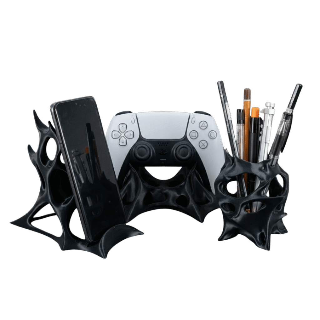 Wełnom zestaw biurkowy dla gracza z druku 3D, czarny o organicznej strukturze, stojak na telefon, pad i przybornik