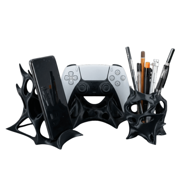 Wełnom zestaw biurkowy dla gracza z druku 3D, czarny o organicznej strukturze, stojak na telefon, pad i przybornik