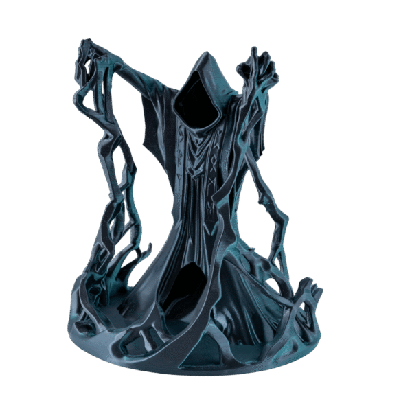 Wieża do kości mag Czarosław z druku 3D, szaro-turkusowa, zakapturzona postać z runami i wijącymi się pnączami.