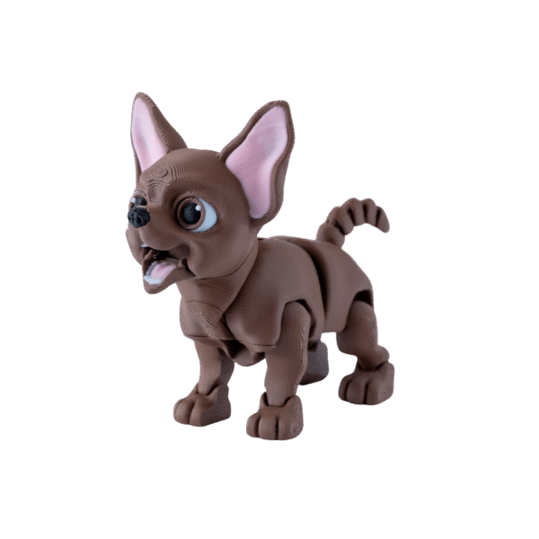 CziWow piesek chihuahua z druku 3D brązowy, różowe uszy, ruchome kończyny, otwarty pysk