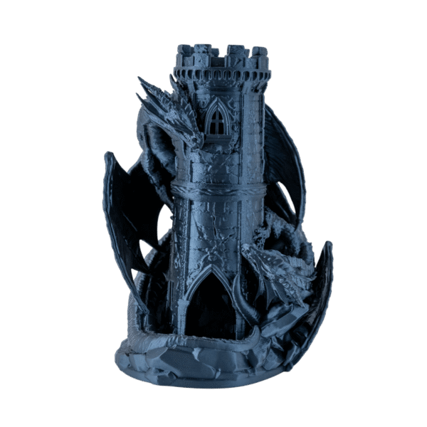 Dragonor wieża do kości smok z druku 3D, ciemnogranatowa baszta z owiniętym smokiem i blankami na szczycie