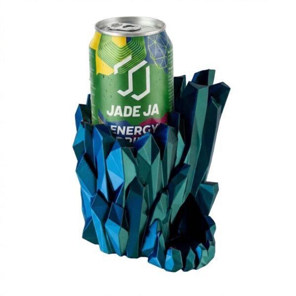 Skałkor stojak na puszkę i wieża do kości z druku 3D, forma ostrych niebiesko-zielonych kryształów z miejscem na napój