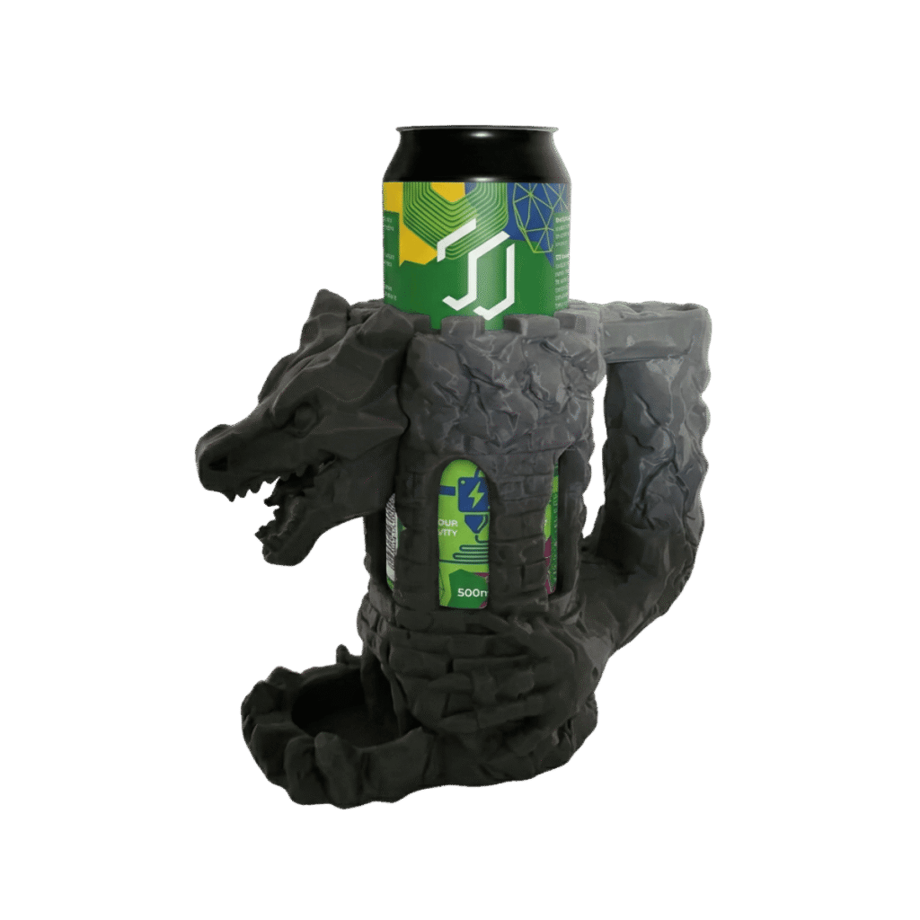 Smokar ciemnoszara wieża do kości smok z druku 3D. Kamienny stojak na puszkę z uchwytem, tacką i rzeźbioną głową gada.