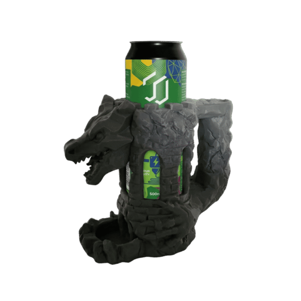 Smokar ciemnoszara wieża do kości smok z druku 3D. Kamienny stojak na puszkę z uchwytem, tacką i rzeźbioną głową gada.