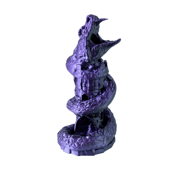 Splotor wieża do kości wąż, fioletowy filament 3D zmieniający kolor, wąż z otwartą paszczą oplata wieżę zamkową, do gier RPG.
