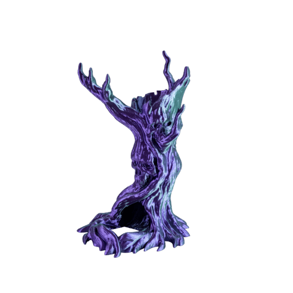Drzewosław – wieża do kości ent z druku 3D w kolorze fioletowo-turkusowym silk dichroic – widok od przodu