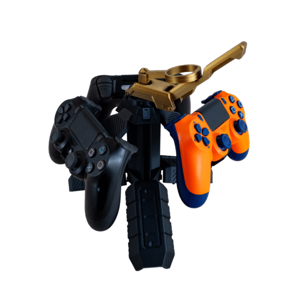 Granołap – rozkładany stojak na 3 pady granat z druku 3D, czarno-złoty, dwa pady DualShock na rozłożonych nogach