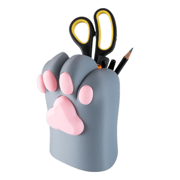 Łapunia XL – stojak na długopisy XL łapka kota z druku 3D, widok od przodu z długopisami i nożyczkami