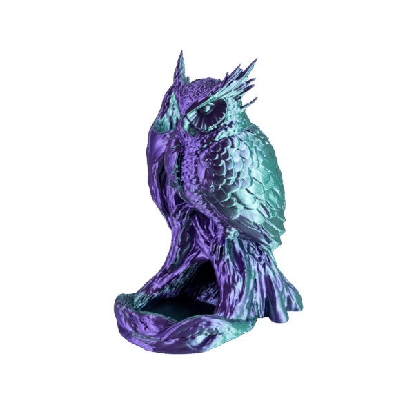 Wieża do kości sowa Sowiosław – widok od przodu, silk dichroic fioletowo-turkusowy